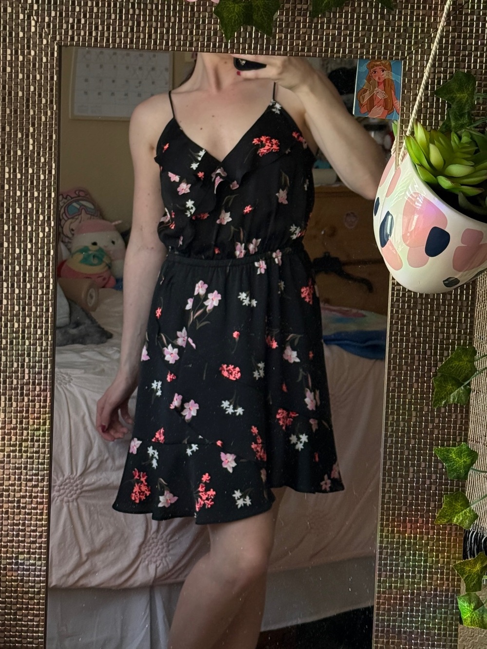 Express Black Floral Ruffle-Trim Mini Dress